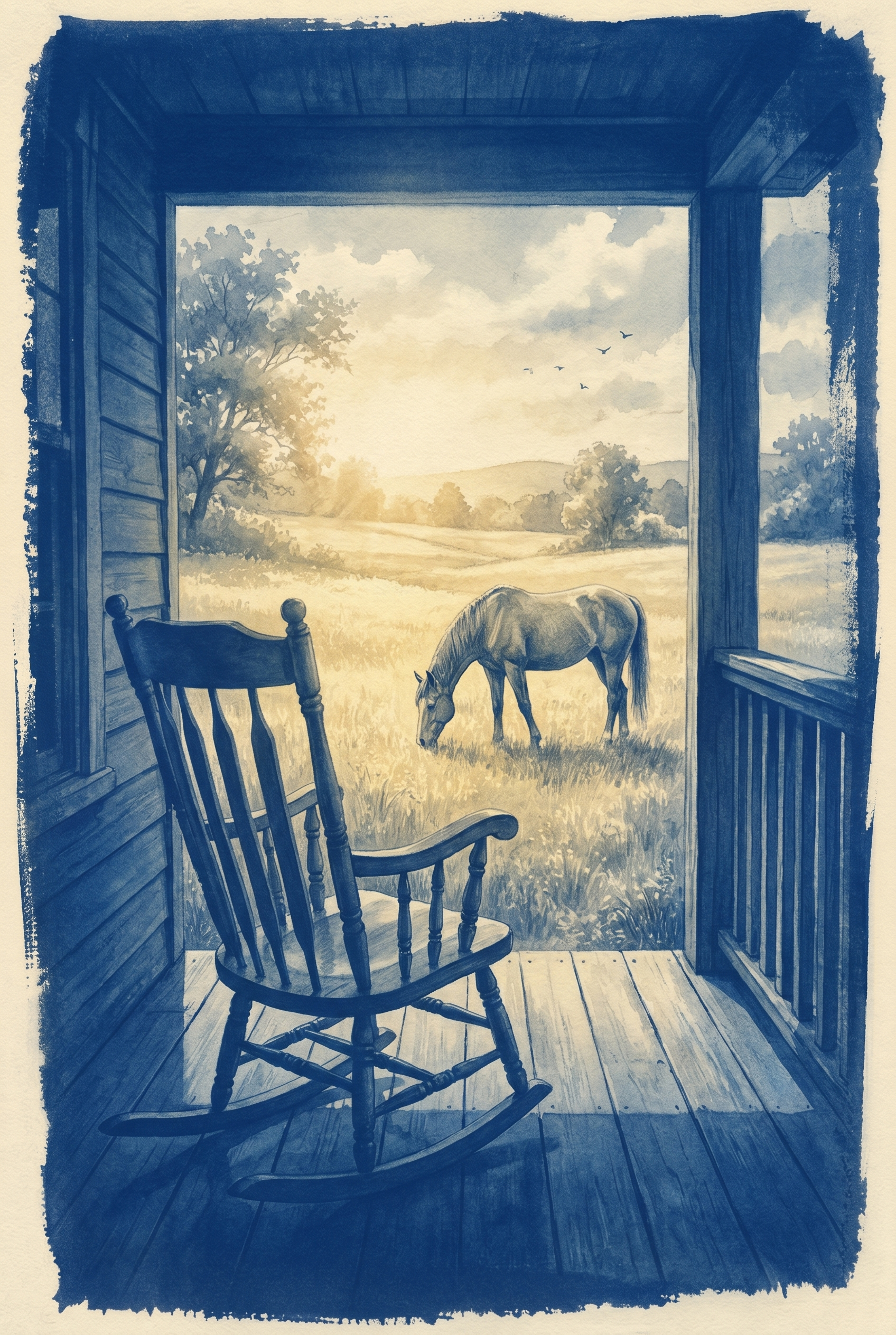 Monochrome Blue Grazing Horse Wall Art - Quiet Blue Meadow