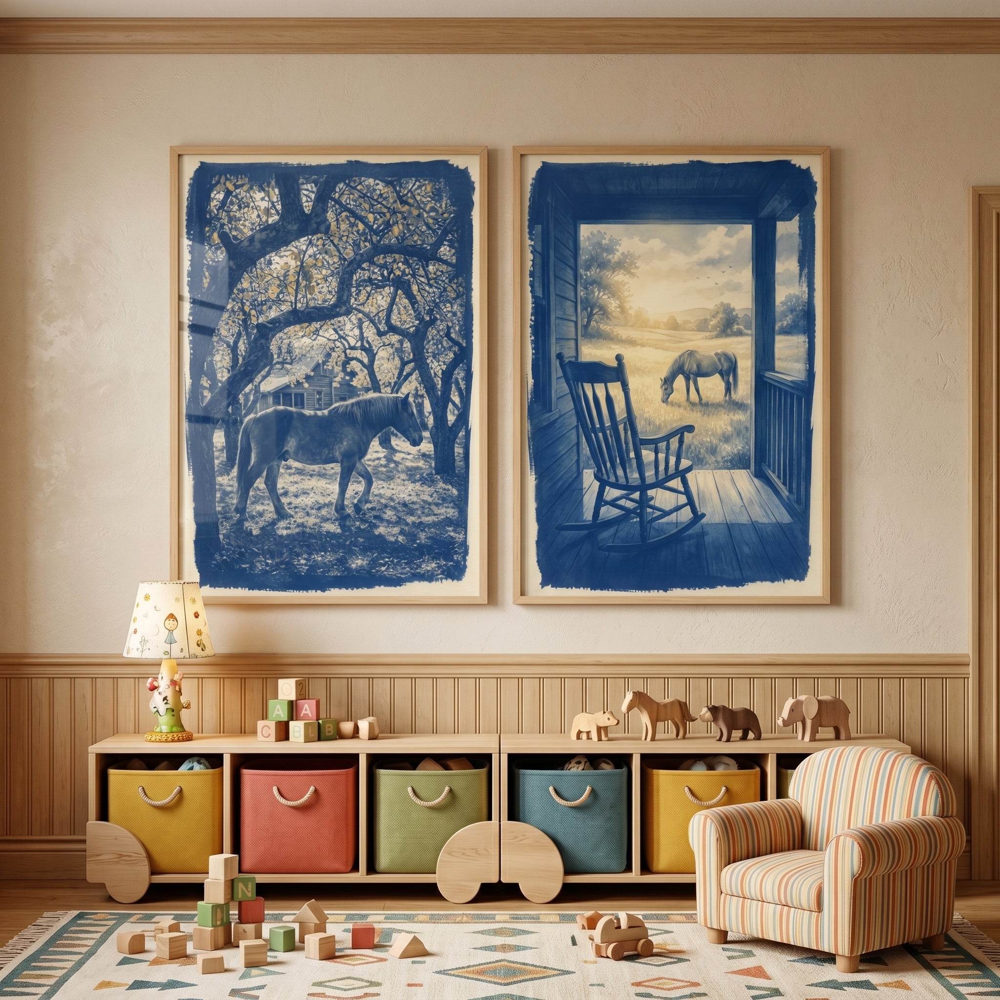 Monochrome Blue Horse Wall Art Set of 2 - Indigo Rural Scenes