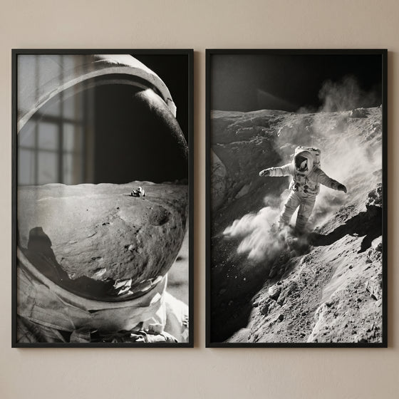 Monochrome cinematic space astronaut wall art set of 2 showing a lunar rover reflection and an astronaut on a crater.