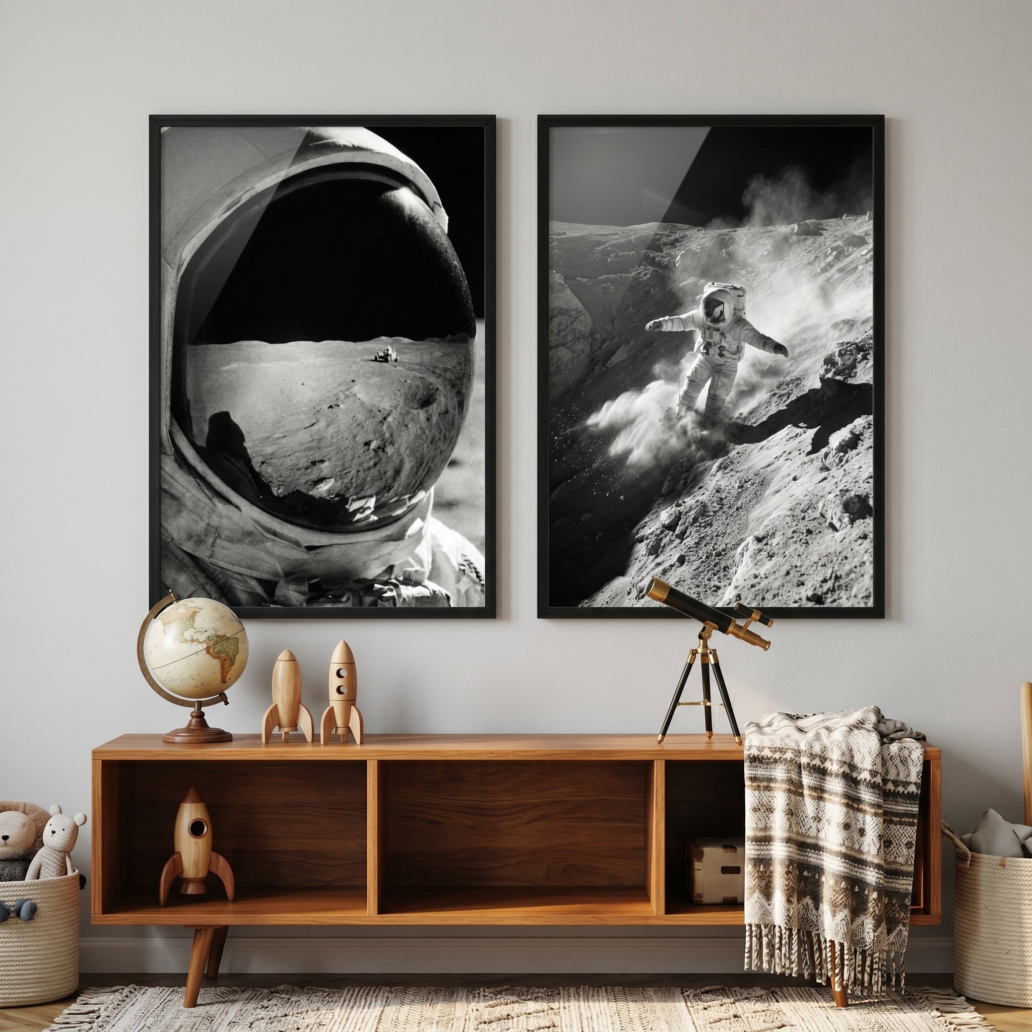 Monochrome Cinematic Space Astronaut Wall Art Set of 2 - Moon Dust Slide