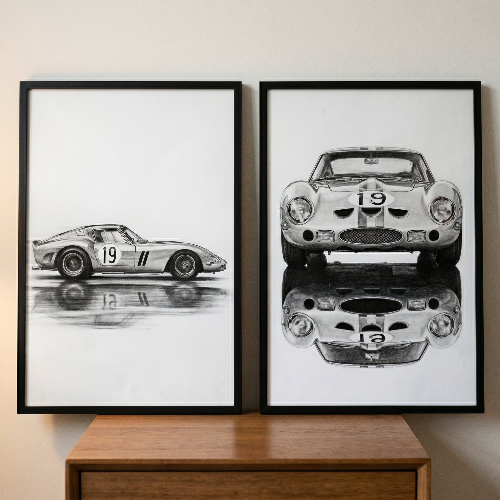 Monochrome classic race car wall art set of 2 featuring side and front views of a vintage vehicle with number 19.