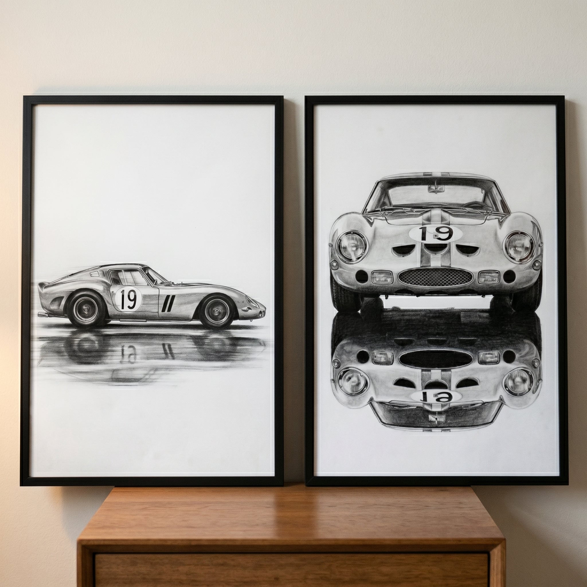 Monochrome Classic Race Car Wall Art Set of 2 - Vintage Racing Reflections