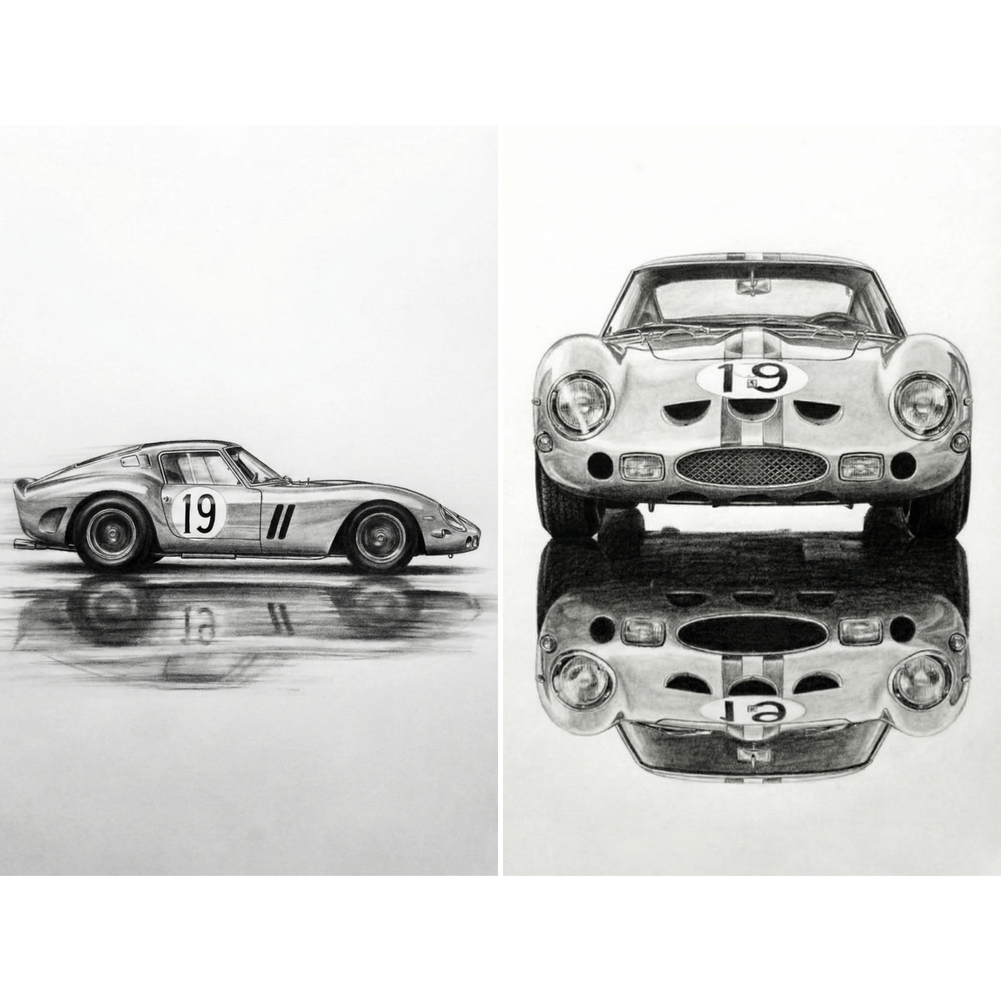 Monochrome Classic Race Car Wall Art Set of 2 - Vintage Racing Reflections