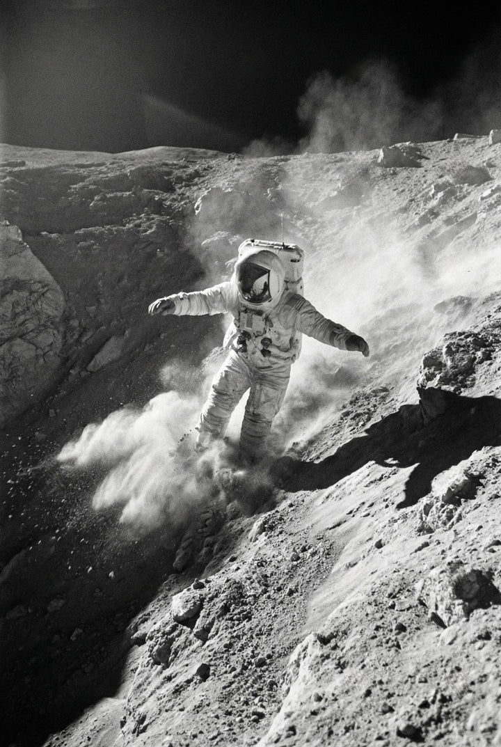 Astronaut carefully moves down a steep rocky slope as dust billows around their legs, showing the uneven terrain and effort required to navigate it. The scene highlights movement and the fragile balance on the lunar surface.
