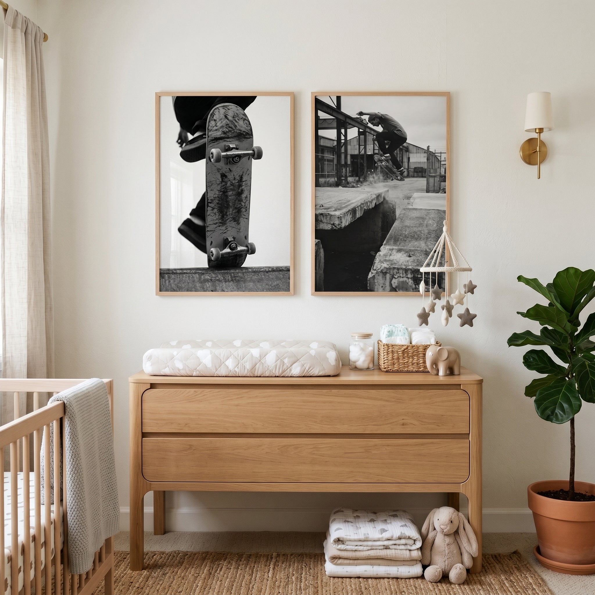 Monochrome Film Grain Skateboarder Wall Art Set of 2 - Concrete Flight