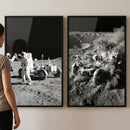 Monochrome lunar expedition rover wall art set of 2 in black frames showing astronauts and a vehicle on the moon.