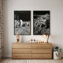 monochrome lunar expedition rover wall art set of 2 above a wooden dresser with space-themed decor and a toy bin.