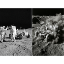  Black and white collage of two astronauts greeting each other beside a lunar rover with footprints visible in the foreground, paired with a close view of a rover kicking up dust as it moves across rocky terrain. The scenes emphasize exploration and human presence on the moon.
