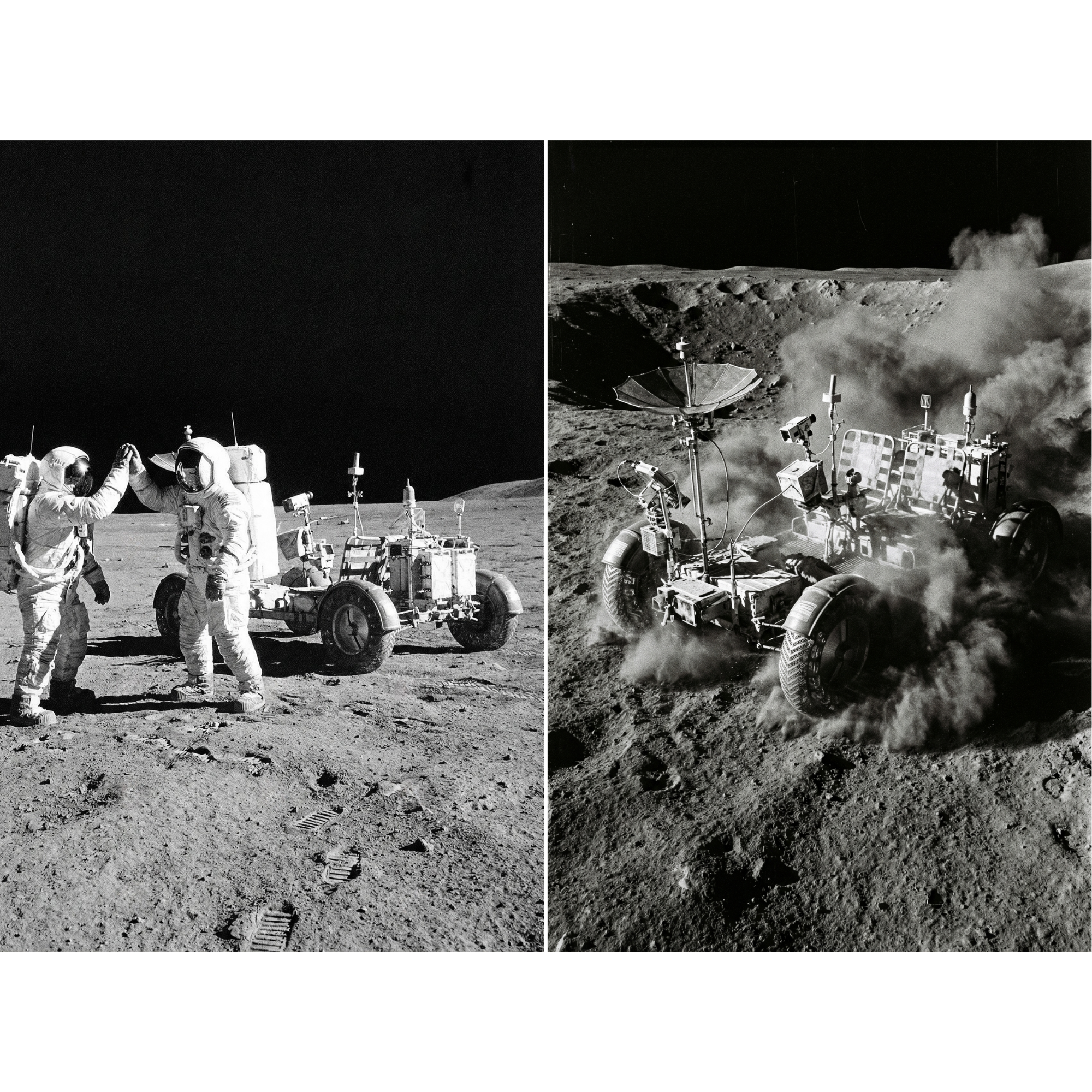  Black and white collage of two astronauts greeting each other beside a lunar rover with footprints visible in the foreground, paired with a close view of a rover kicking up dust as it moves across rocky terrain. The scenes emphasize exploration and human presence on the moon.
