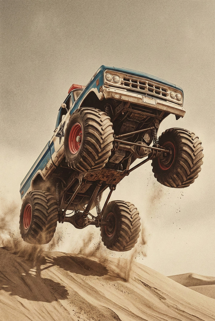 A framed vertical artwork hangs above a bed, depicting a blue truck with massive tires jumping over a sandy dune. The bed features a light-colored wooden frame with layered bedding in muted tones of peach and green. A matching wooden bedside table sits to the left, holding a small lamp and simple wooden toys. The room has neutral-toned walls with elegant rectangular molding.