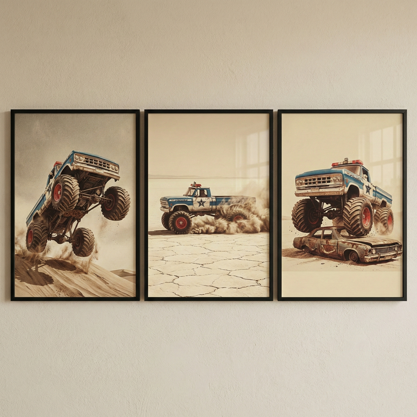 Three framed vertical illustrations hang side-by-side on a light-colored wall. Each artwork depicts a blue and white vintage-style monster truck with oversized tires in a desert setting. The left image shows the truck jumping over a sand dune. The center image shows it racing across a cracked dry lake bed with a large dust cloud trailing behind. The right image depicts the truck crushing a rusted, vintage car. The art has a nostalgic, muted color palette.