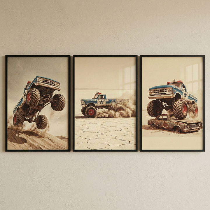 Three framed vertical illustrations hang side-by-side on a light-colored wall. Each artwork depicts a blue and white vintage-style monster truck with oversized tires in a desert setting. The left image shows the truck jumping over a sand dune. The center image shows it racing across a cracked dry lake bed with a large dust cloud trailing behind. The right image depicts the truck crushing a rusted, vintage car. The art has a nostalgic, muted color palette.