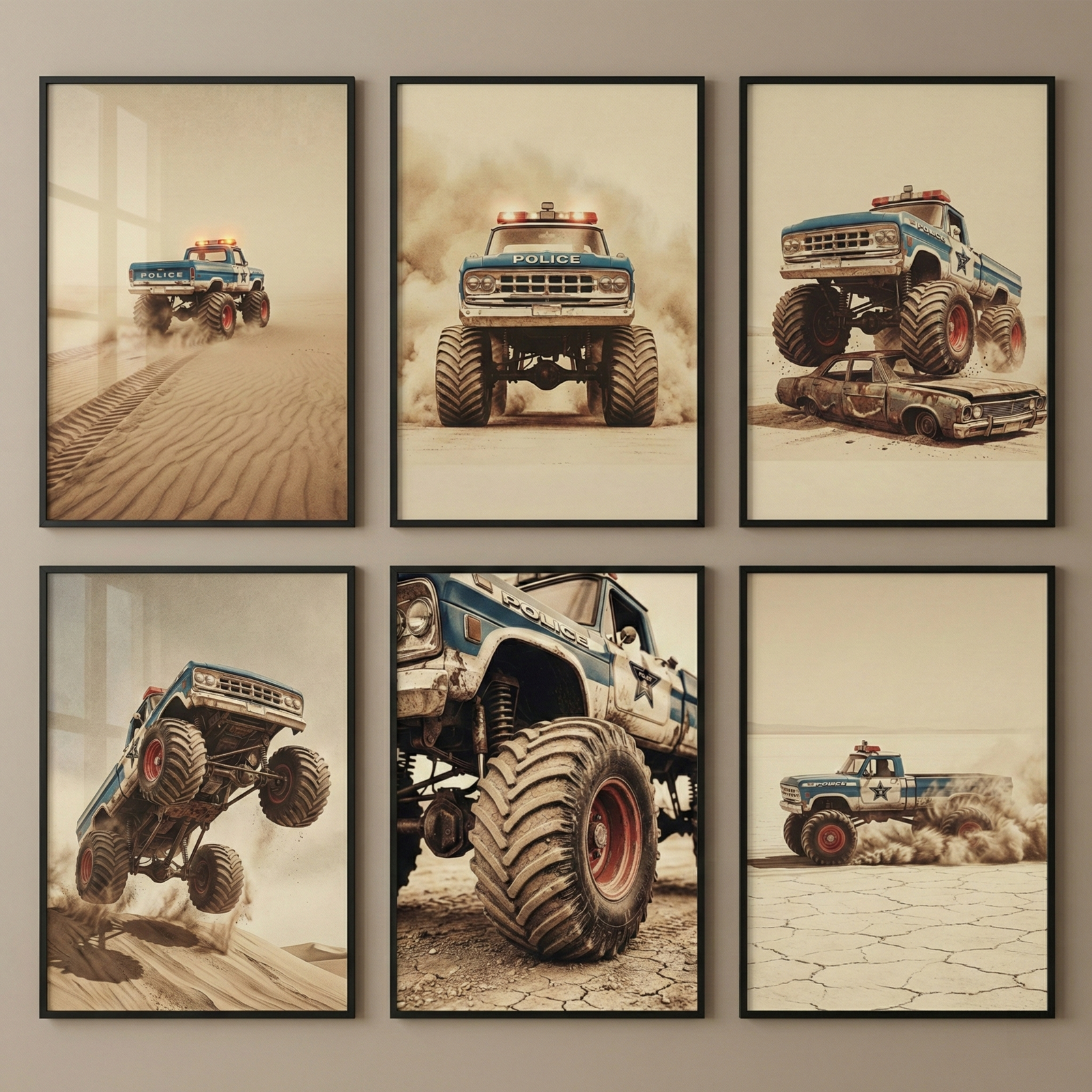 Six framed vertical artworks are arranged in a three-by-two grid on a neutral wall. Each piece features a rugged, blue police-themed monster truck with oversized tires and a vintage, weathered aesthetic. The scenes are set in desert-like environments with a muted color palette of tans, browns, and faded blues. Individual prints depict the truck leaving tracks in sand dunes, kicking up dust in a head-on view, crushing a rusted car, leaping into the air, and speeding across a cracked dry lake bed. 