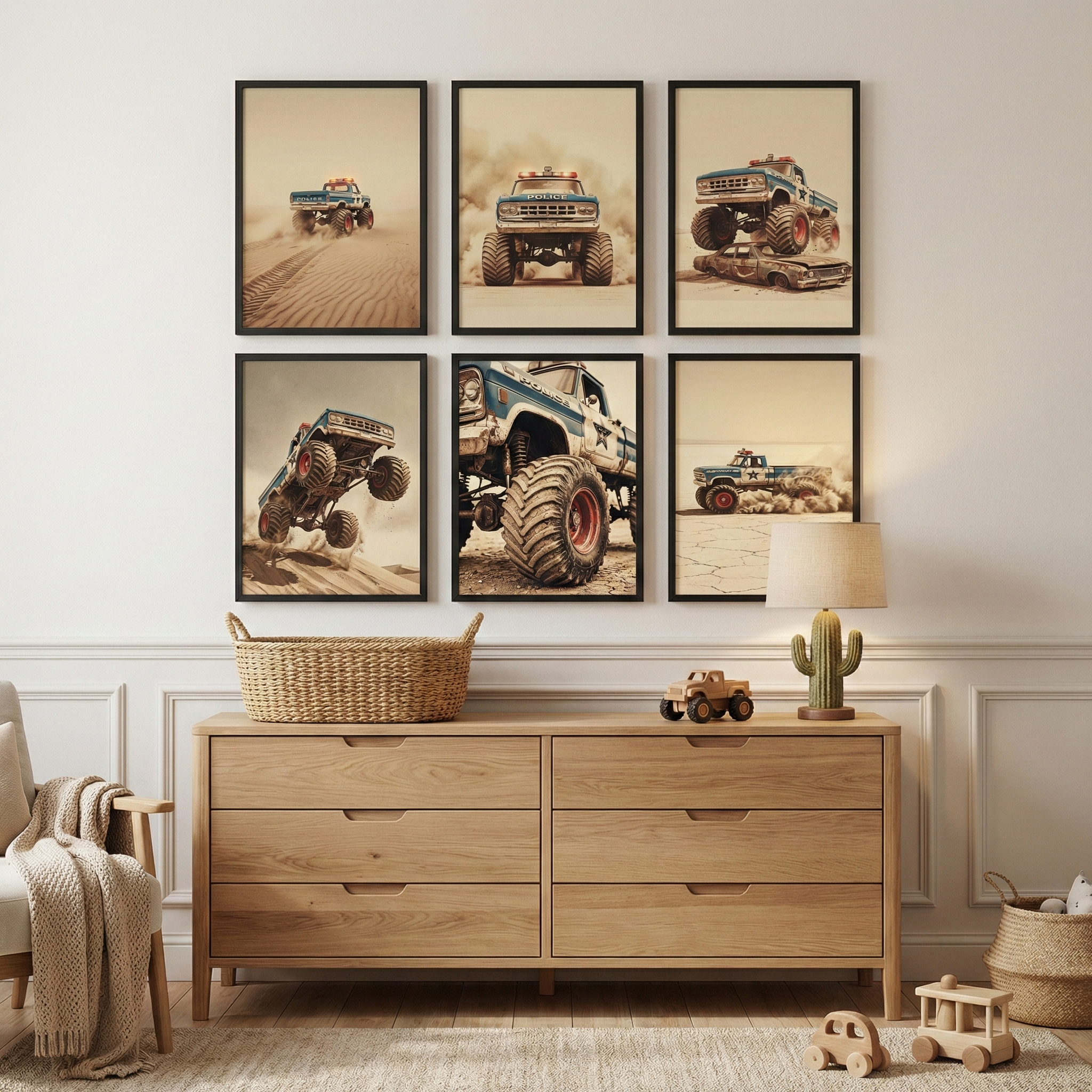 A six-drawer wooden dresser in a light oak finish sits against a white wall with elegant paneling. Centered above the dresser, a grid of six black-framed art pieces showcases large-wheeled monster trucks in various desert action scenes, such as jumping over dunes and driving through clouds of dust. On top of the dresser, a large woven basket sits to the left, while a small wooden toy truck and a lamp with a green cactus-shaped base are placed to the right. 