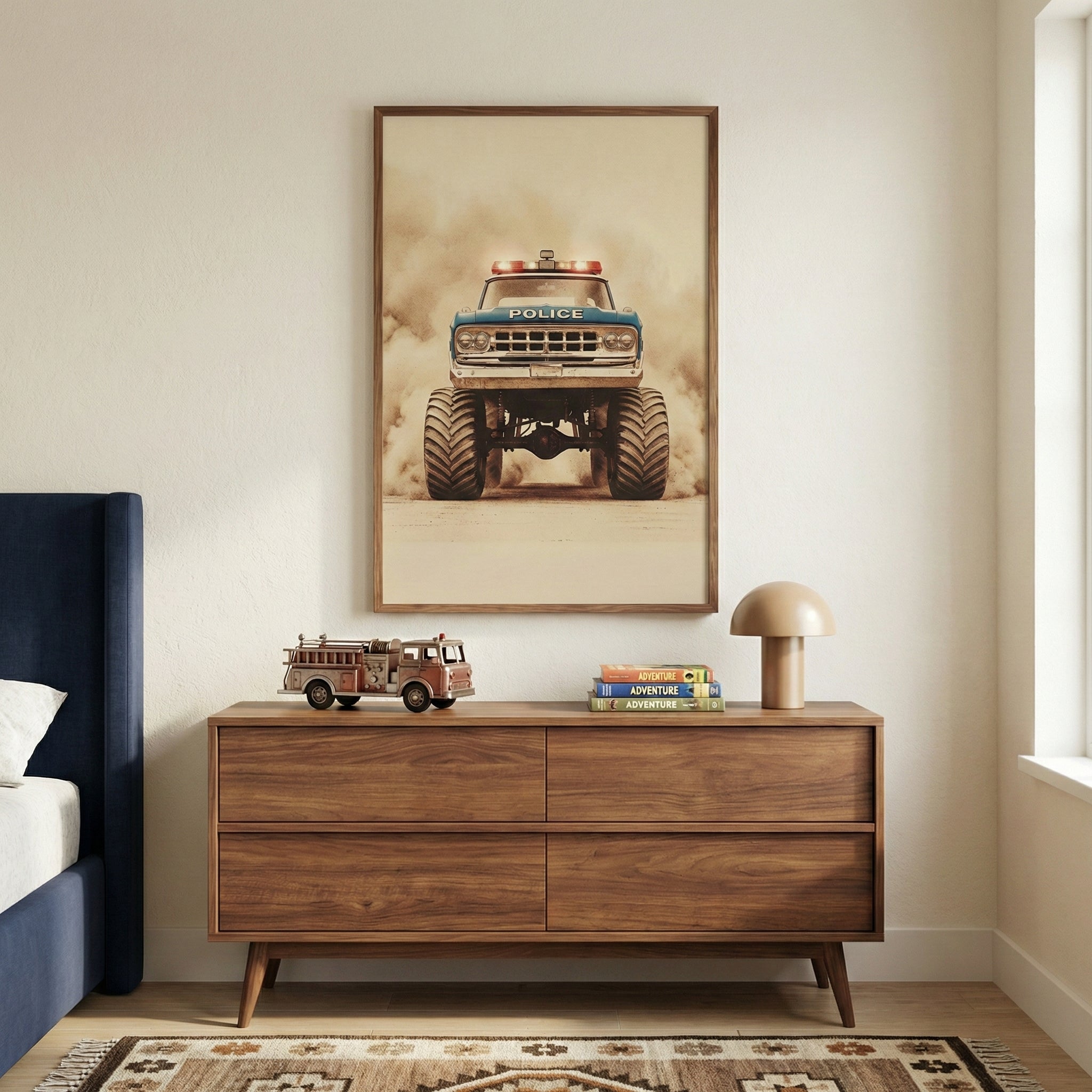 A bright bedroom scene featuring a mid-century modern style wooden dresser with four drawers. On top of the dresser sits a toy fire engine, a small stack of books, and a minimalist beige mushroom-shaped lamp. Hanging centrally above the dresser is a large, vertical framed artwork showing a blue monster truck with police lights and markings, kicking up a cloud of dust. To the left, a section of a deep blue upholstered bed is visible. Below the dresser, a patterned rug covers the floor against light-toned wal