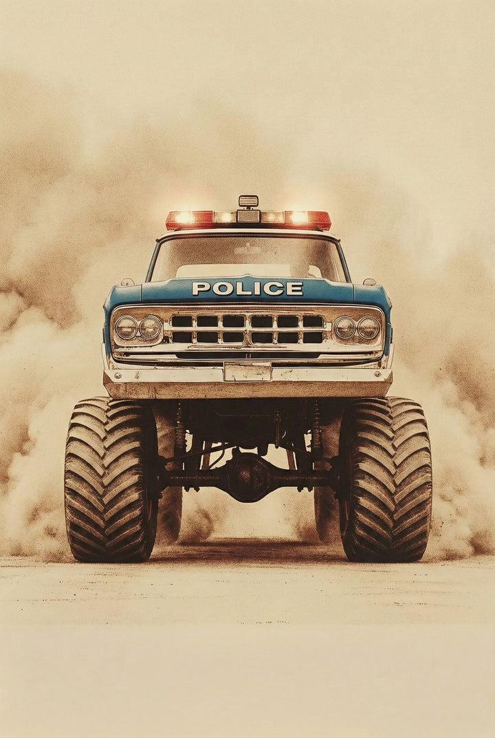 A head-on view of a massive blue monster truck styled as a law enforcement vehicle. The word "POLICE" is printed in bold white letters across the front of the hood. The truck is elevated high above two enormous, deeply treaded tires that dominate the lower half of the frame. An emergency light bar on the roof glows with red and white light. Thick clouds of tan dust billow out from behind the truck, filling the background. The entire image has a grainy, sepia-toned finish, resembling an aged photograph.