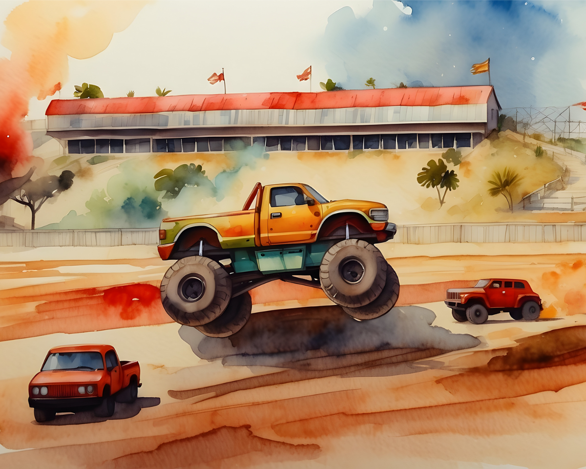 A vibrant watercolor painting depicts a large monster truck with orange and green hues soaring over a sandy arena. Two smaller red vehicles are visible on the ground, with a grandstand and colorful flags in the background, creating a lively and dynamic scene.