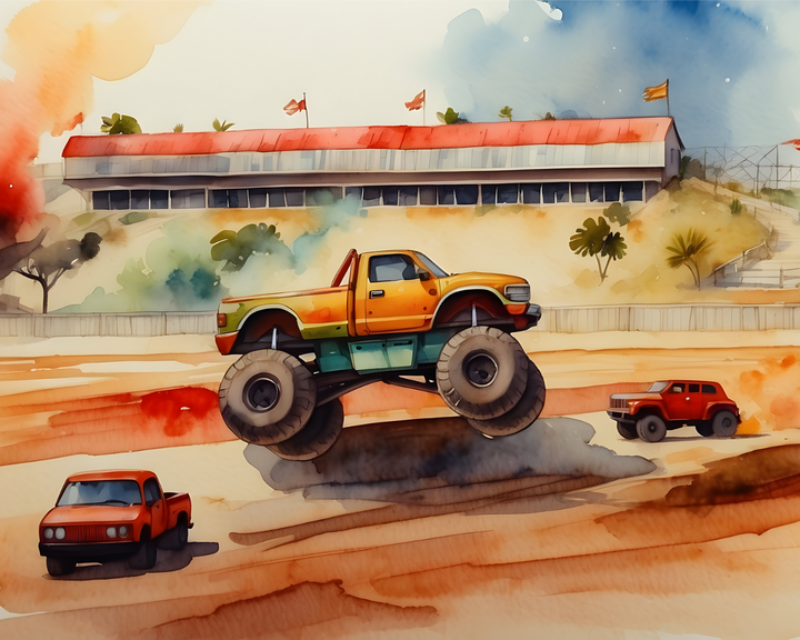 A vibrant watercolor painting depicts a large monster truck with orange and green hues soaring over a sandy arena. Two smaller red vehicles are visible on the ground, with a grandstand and colorful flags in the background, creating a lively and dynamic scene.