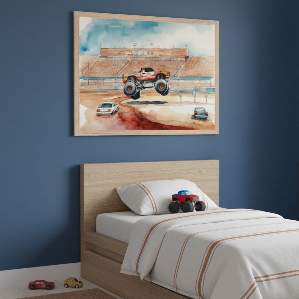 Kid's bedroom with a light wood bed against a blue wall. A large framed watercolor art of a monster truck jumping over cars in a stadium hangs above the bed. Toy cars are on the floor and bed.