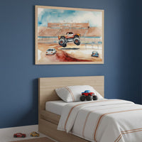 Kid's bedroom with a light wood bed against a blue wall. A large framed watercolor art of a monster truck jumping over cars in a stadium hangs above the bed. Toy cars are on the floor and bed.