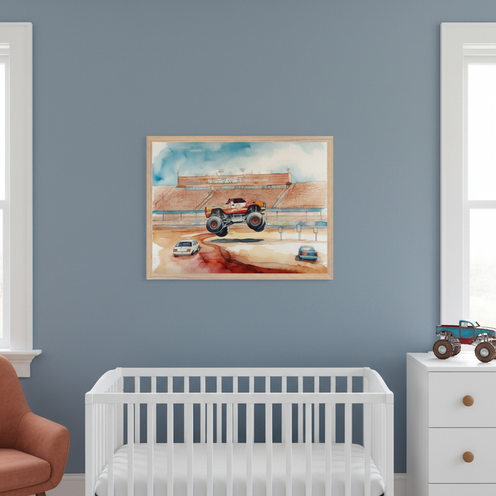 Modern nursery with a white crib and white dresser against a blue wall. A framed watercolor painting of an orange monster truck jumping over cars in a stadium hangs above the crib.