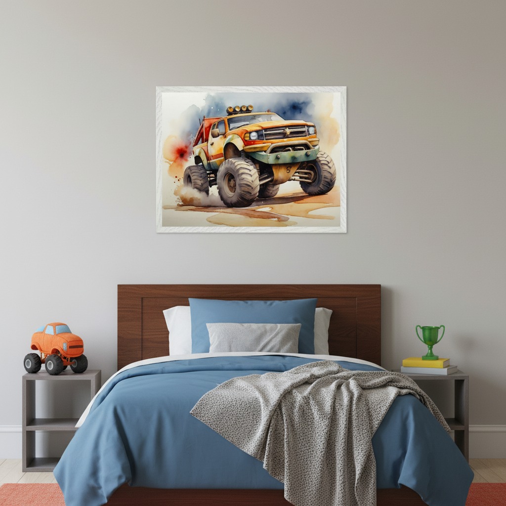 Kid's bedroom with a wooden bed and blue bedding. A large framed watercolor painting of an orange monster truck kicking up dust hangs centered above the bed. Gray nightstands are on both sides.