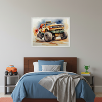 Kid's bedroom with a wooden bed and blue bedding. A large framed watercolor painting of an orange monster truck kicking up dust hangs centered above the bed. Gray nightstands are on both sides.