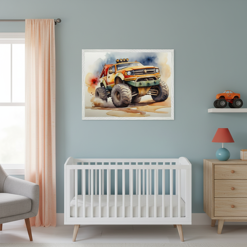Modern nursery with a white crib, gray armchair, and wood dresser. A large framed watercolor print of an orange monster truck is centered on the blue wall above the crib.