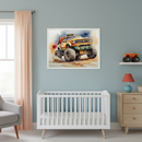 Modern nursery with a white crib, gray armchair, and wood dresser. A large framed watercolor print of an orange monster truck is centered on the blue wall above the crib.