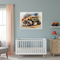 Modern nursery with a white crib, gray armchair, and wood dresser. A large framed watercolor print of an orange monster truck is centered on the blue wall above the crib.