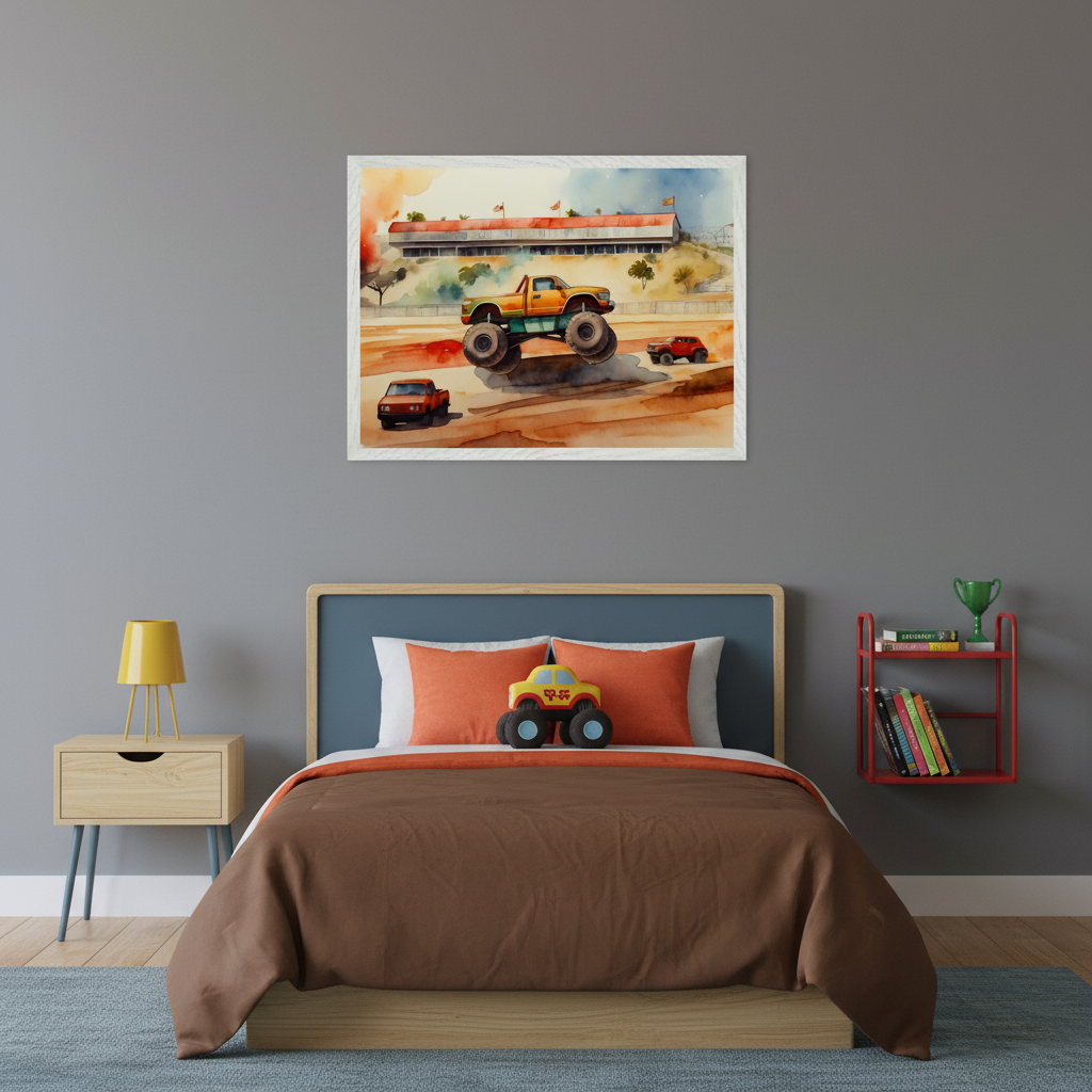 Kid's bedroom with a bed with blue headboard and orange pillows. A large framed watercolor painting of a monster truck race with a grandstand is centered above the bed. A light wood nightstand with a yellow lamp is on the left, and a red wall shelf with books is on the right.