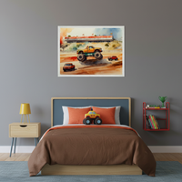 Kid's bedroom with a bed with blue headboard and orange pillows. A large framed watercolor painting of a monster truck race with a grandstand is centered above the bed. A light wood nightstand with a yellow lamp is on the left, and a red wall shelf with books is on the right.