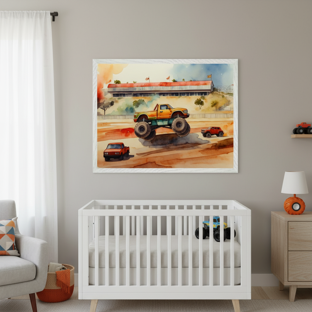 Modern nursery with a white crib. A large framed watercolor of a yellow monster truck jumping over smaller cars on a dirt track, with a grandstand in the background, hangs centered above the crib. A gray armchair and wood dresser are also visible.