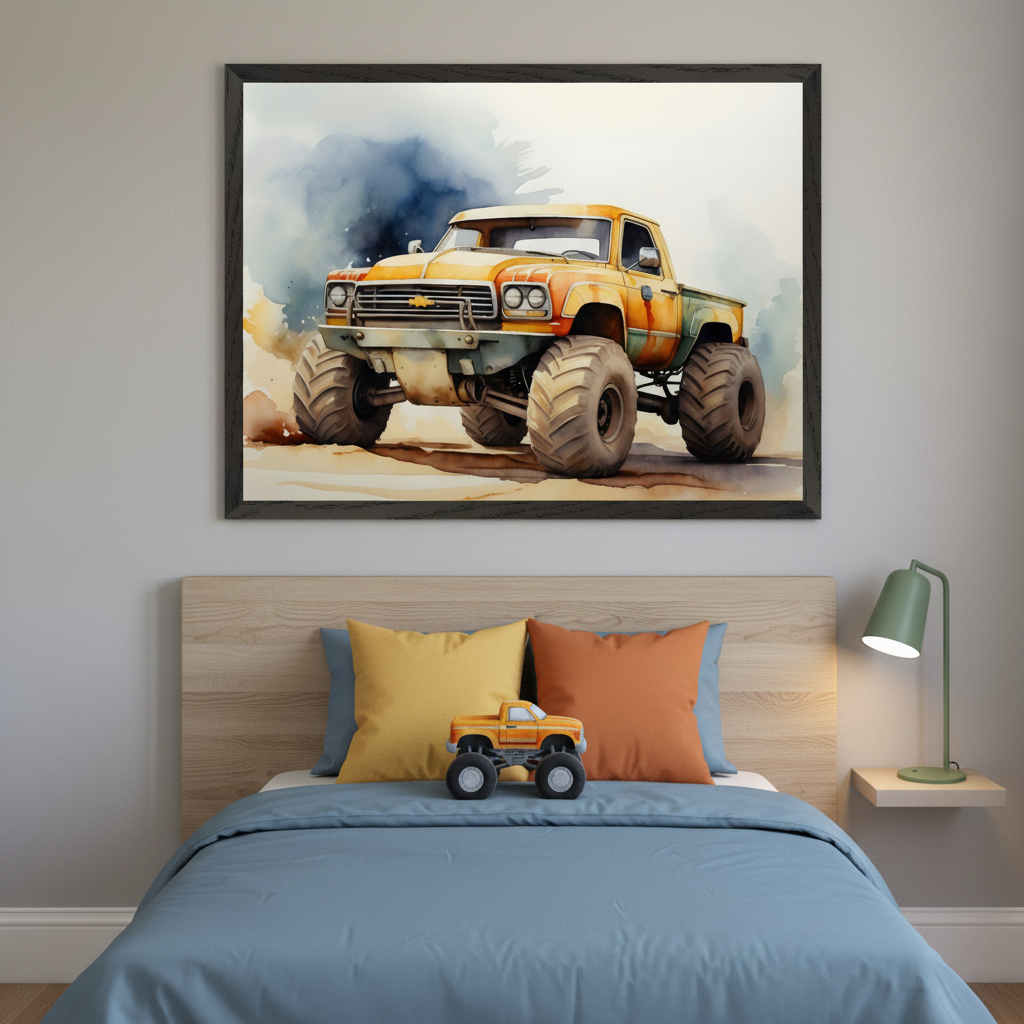 Kid's bedroom with a bed and wooden headboard. A large black-framed watercolor print of a yellow and orange monster truck on a dirt road hangs centered above the bed. Blue bedding, yellow and orange pillows, a green lamp, and a toy monster truck are on the bed.