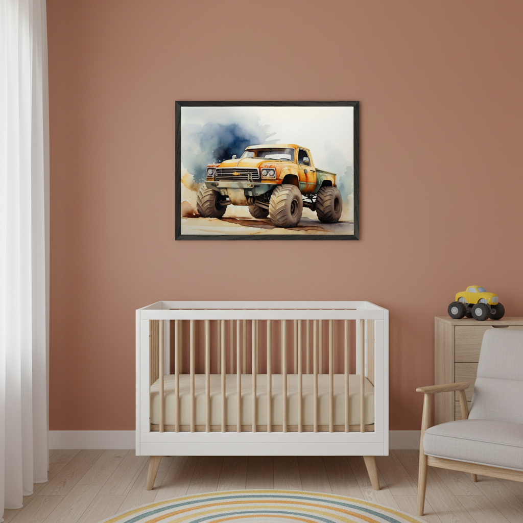 Modern nursery with a terracotta wall. A framed watercolor painting of an orange monster truck hangs centered above a white crib. A wooden dresser with a yellow toy truck and a gray armchair are to the right.