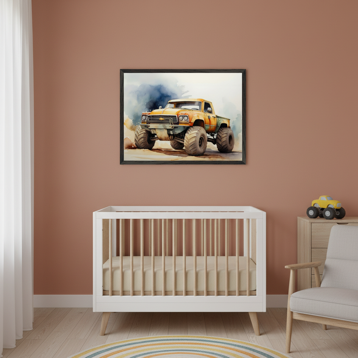 Modern nursery with a terracotta wall. A framed watercolor painting of an orange monster truck hangs centered above a white crib. A wooden dresser with a yellow toy truck and a gray armchair are to the right.