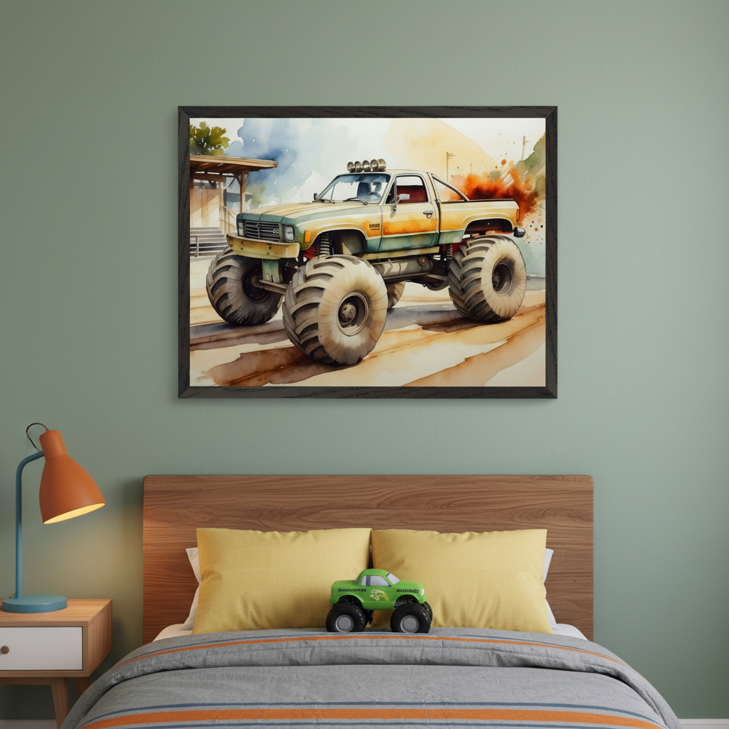 Kid's bedroom with a wooden bed, yellow pillows, and a green toy monster truck. A nightstand with an orange lamp is to the left. A large framed watercolor painting of a green and tan monster truck on a dirt track hangs centered above the bed.