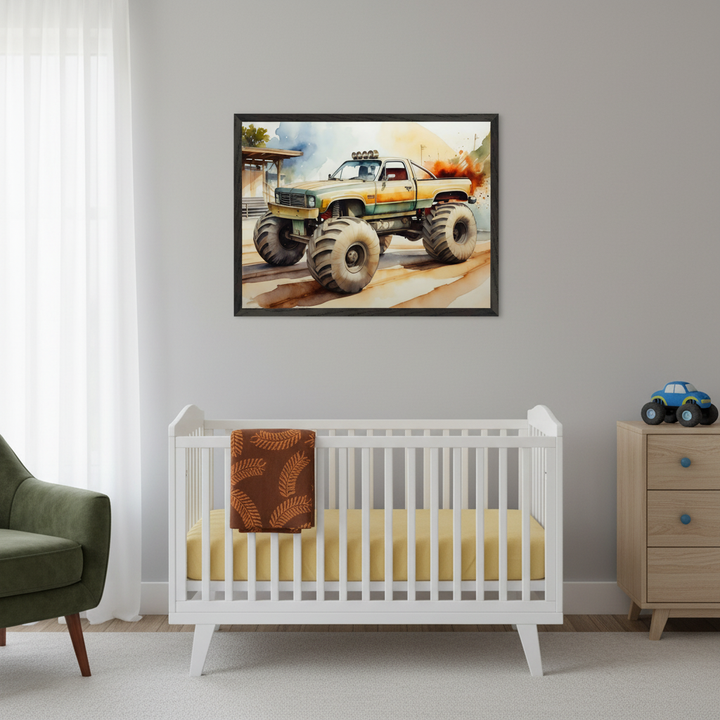Modern nursery with a white crib, yellow sheet, and brown blanket. A large framed watercolor monster truck painting hangs above the crib. A wooden dresser with a toy monster truck sits right of the crib; a green armchair is left.