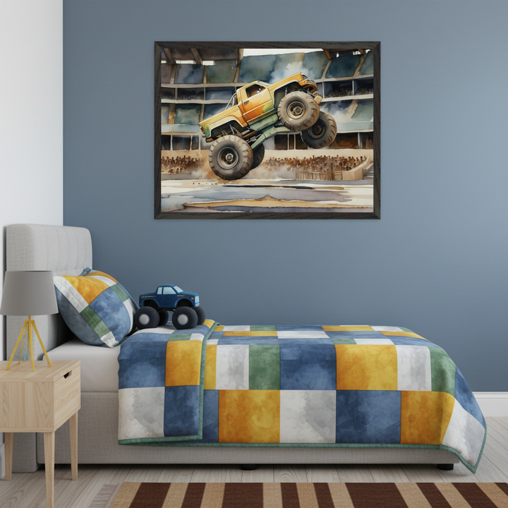 Kid's bedroom with a single bed and a wooden nightstand. A large framed watercolor painting of an orange monster truck jumping in an arena is centered on the blue wall above the bed.