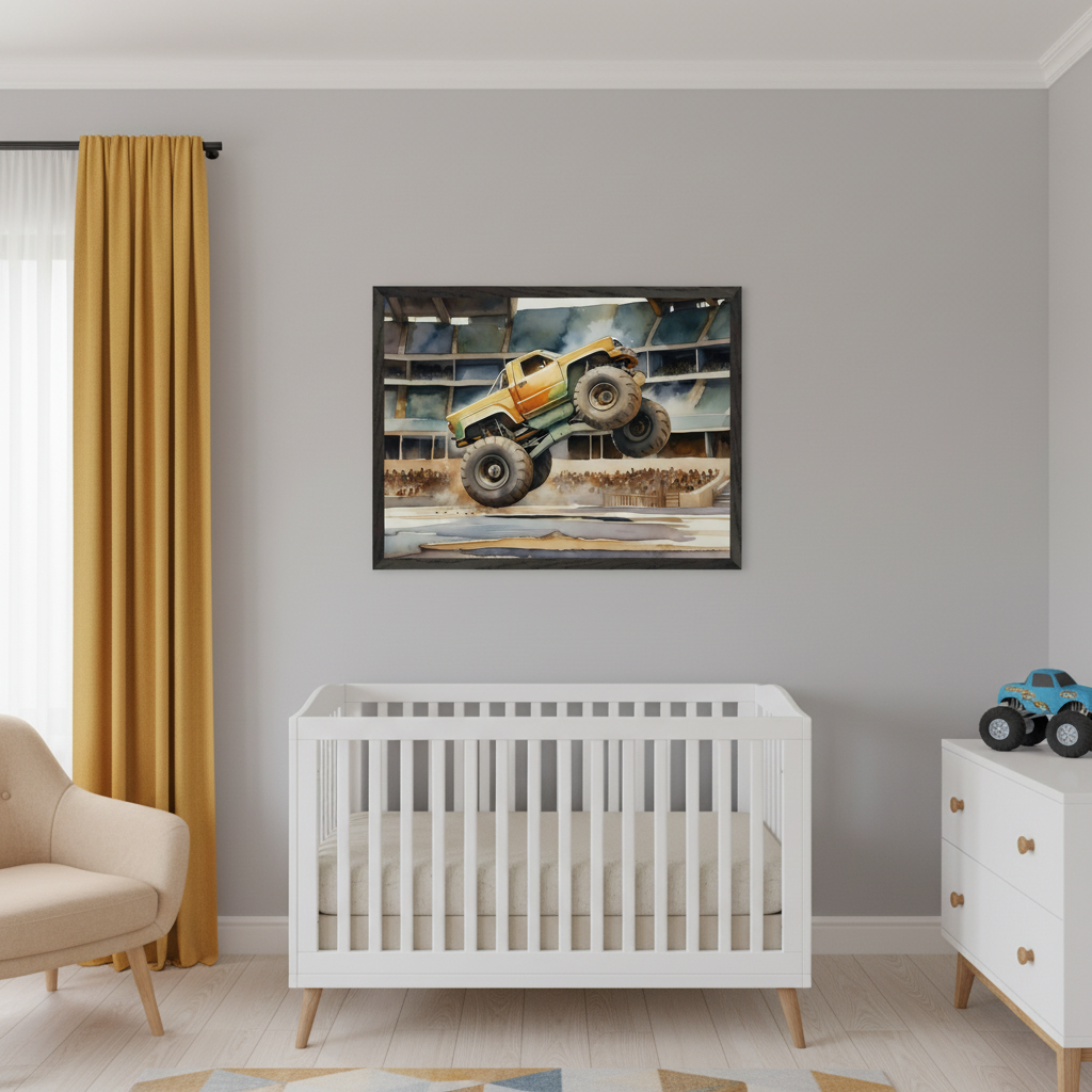 Modern nursery with a white crib, beige armchair, and white dresser. A large framed watercolor print of a monster truck jumping in an arena hangs above the crib. A blue toy monster truck is on the dresser.