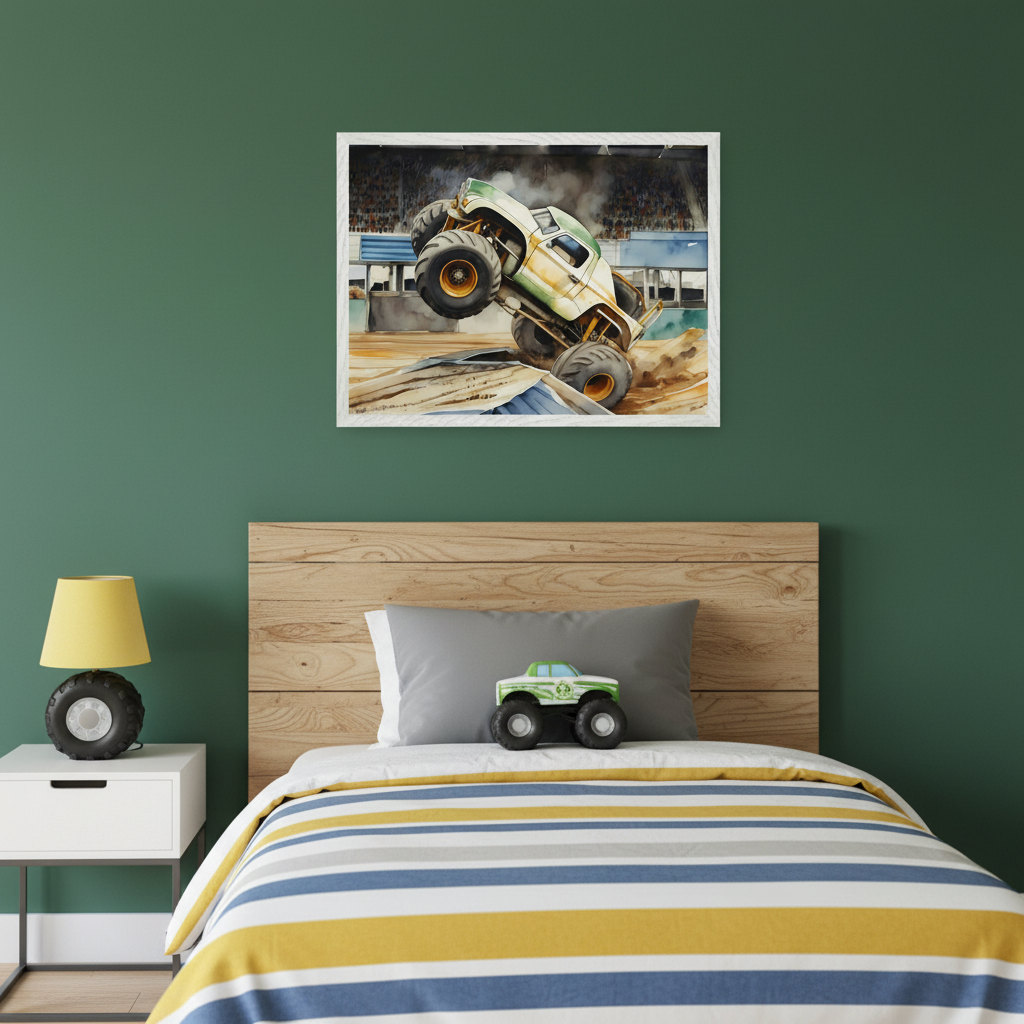 Kid's bedroom with a dark green wall and a wooden headboard bed. A white nightstand with a tire-shaped lamp is to the left. A framed watercolor painting of a green and white monster truck jumping a ramp hangs centered above the bed. The bed has striped bedding and a toy monster truck.