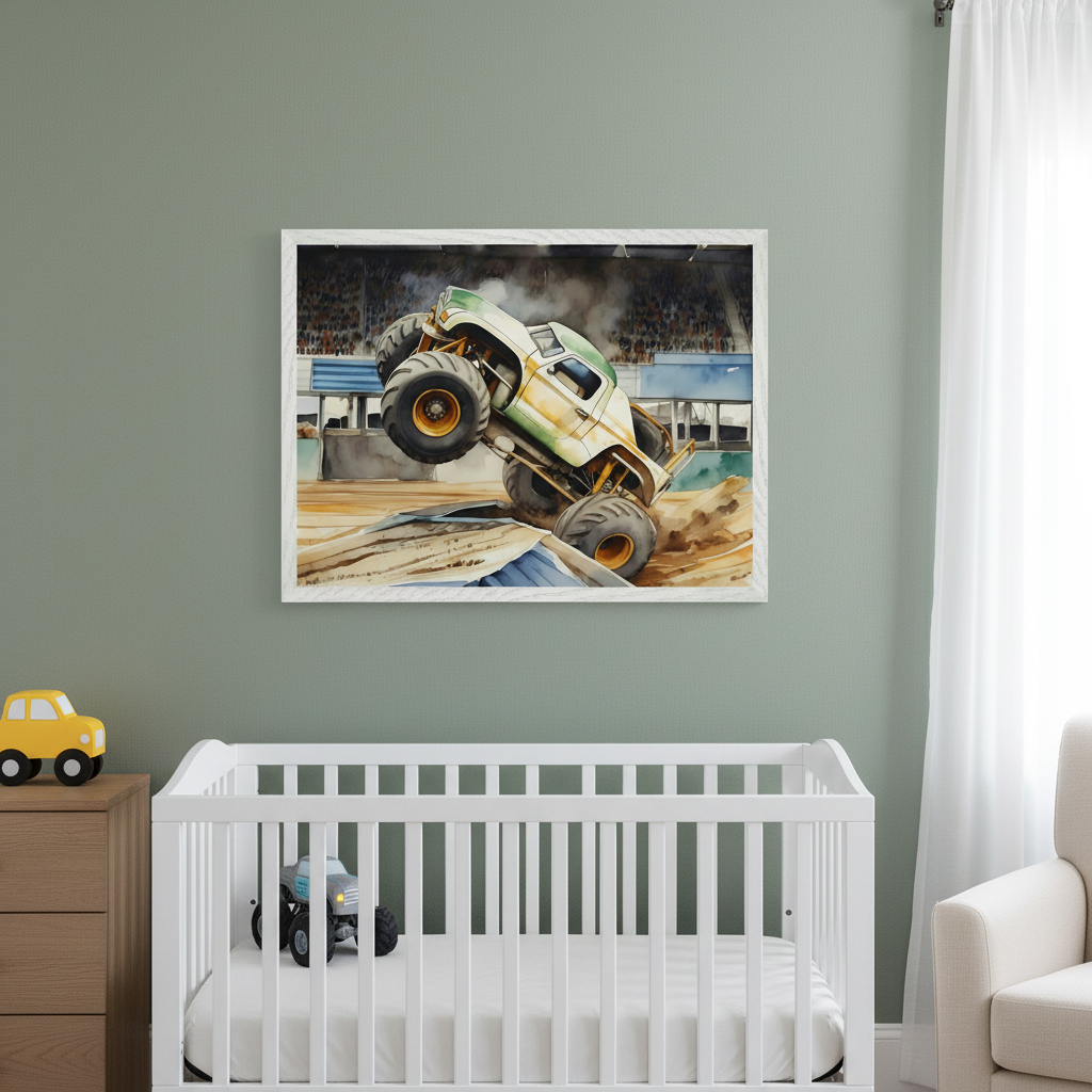 Nursery with a sage green wall. A large framed watercolor print of a white and green monster truck jumping on a dirt track hangs centered above a white crib. A wooden dresser is to the left, and a beige armchair is partially visible to the right.