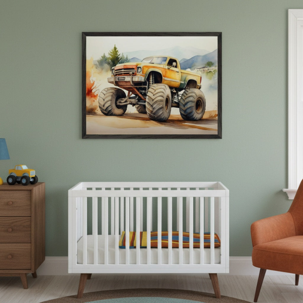 Modern nursery with a white crib, wooden dresser, and orange armchair. A large framed watercolor print of a yellow and orange monster truck driving on dirt, with a forest and mountains, hangs centered above the crib on a green wall.