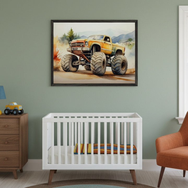 Modern nursery with a white crib, wooden dresser, and orange armchair. A large framed watercolor print of a yellow and orange monster truck driving on dirt, with a forest and mountains, hangs centered above the crib on a green wall.
