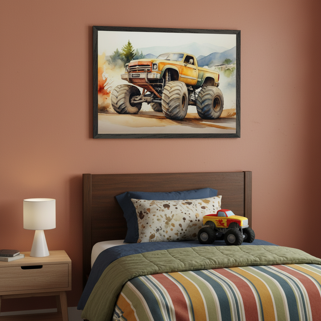 Kid's bedroom with a wooden bed and nightstand. A large framed watercolor painting of a yellow and orange monster truck driving on a dirt road, kicking up dust, hangs above the bed.