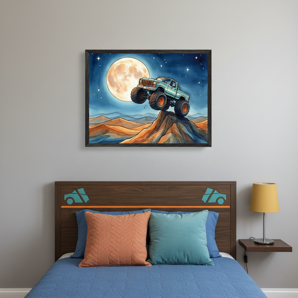 Kid's bedroom with a dark wood bed and headboard featuring car silhouettes. A framed watercolor painting of a blue monster truck jumping a desert hill under a full moon and starry sky hangs above the bed. Orange and teal pillows are on the bed. A small floating nightstand with a yellow lamp is on the right.