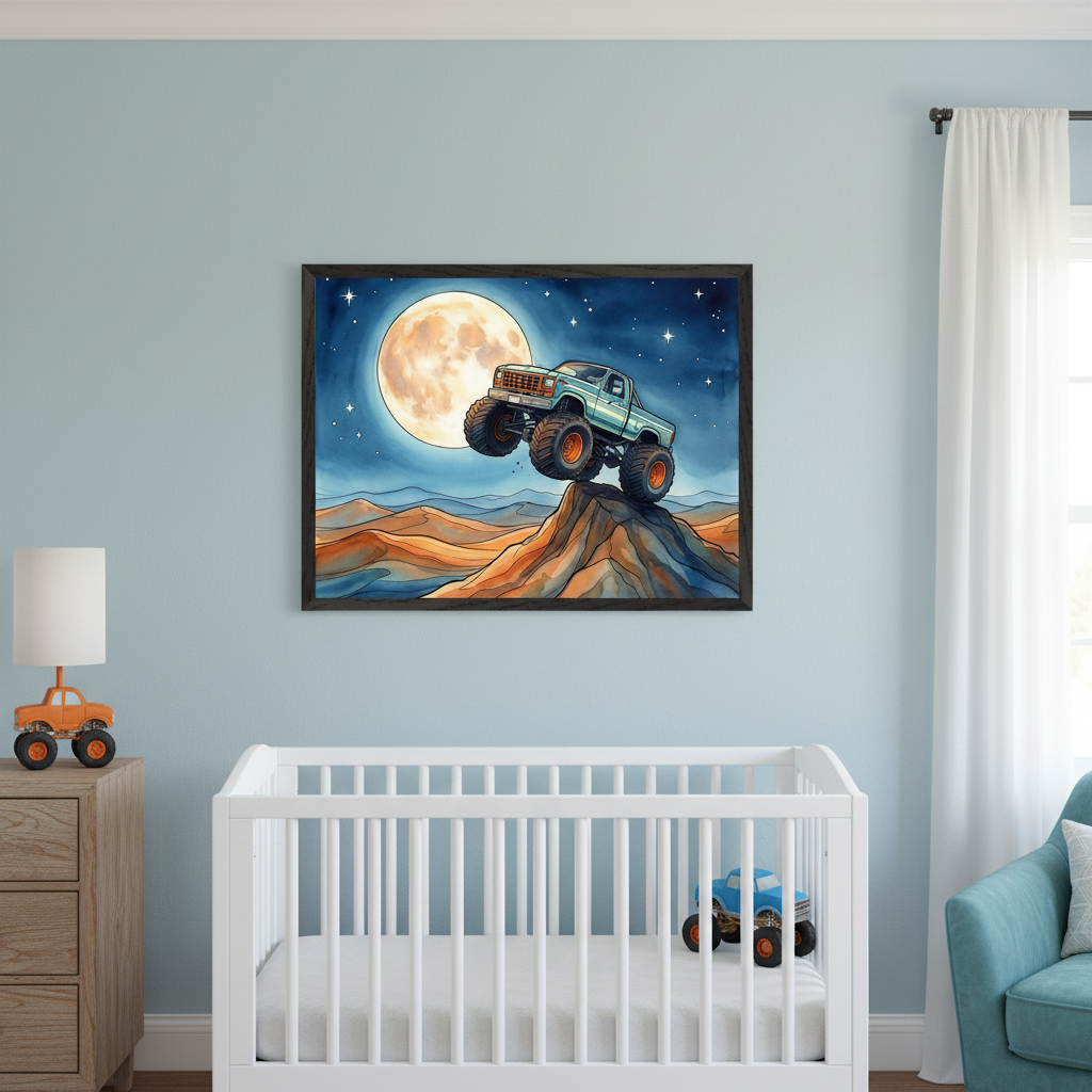 Blue nursery with a white crib, wood dresser, and armchair. A framed watercolor-style print of a blue monster truck jumping over a rocky hill under a full moon and starry sky hangs centered above the crib.