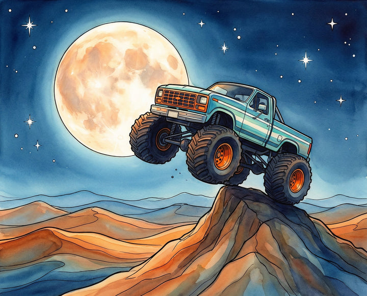 A giant monster truck with oversized tires climbs a rocky desert hill under a massive glowing full moon in a star-filled night sky, combining adventure and fantasy in a dramatic landscape.
