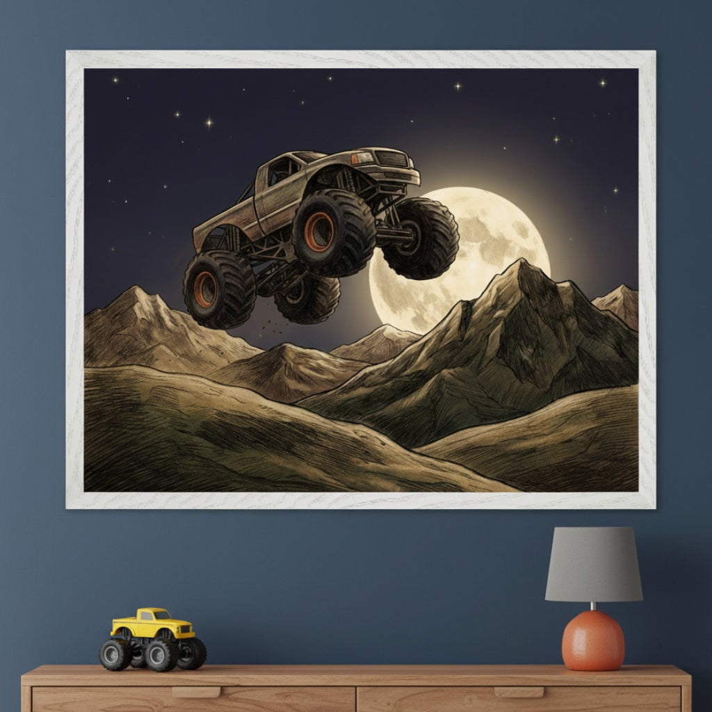 Kid's bedroom with a wooden dresser against a blue wall. A large framed illustration of a gray monster truck leaping over dark mountains at night, with a full moon and stars, hangs centered above the dresser. A yellow toy monster truck and an orange lamp sit on the dresser.