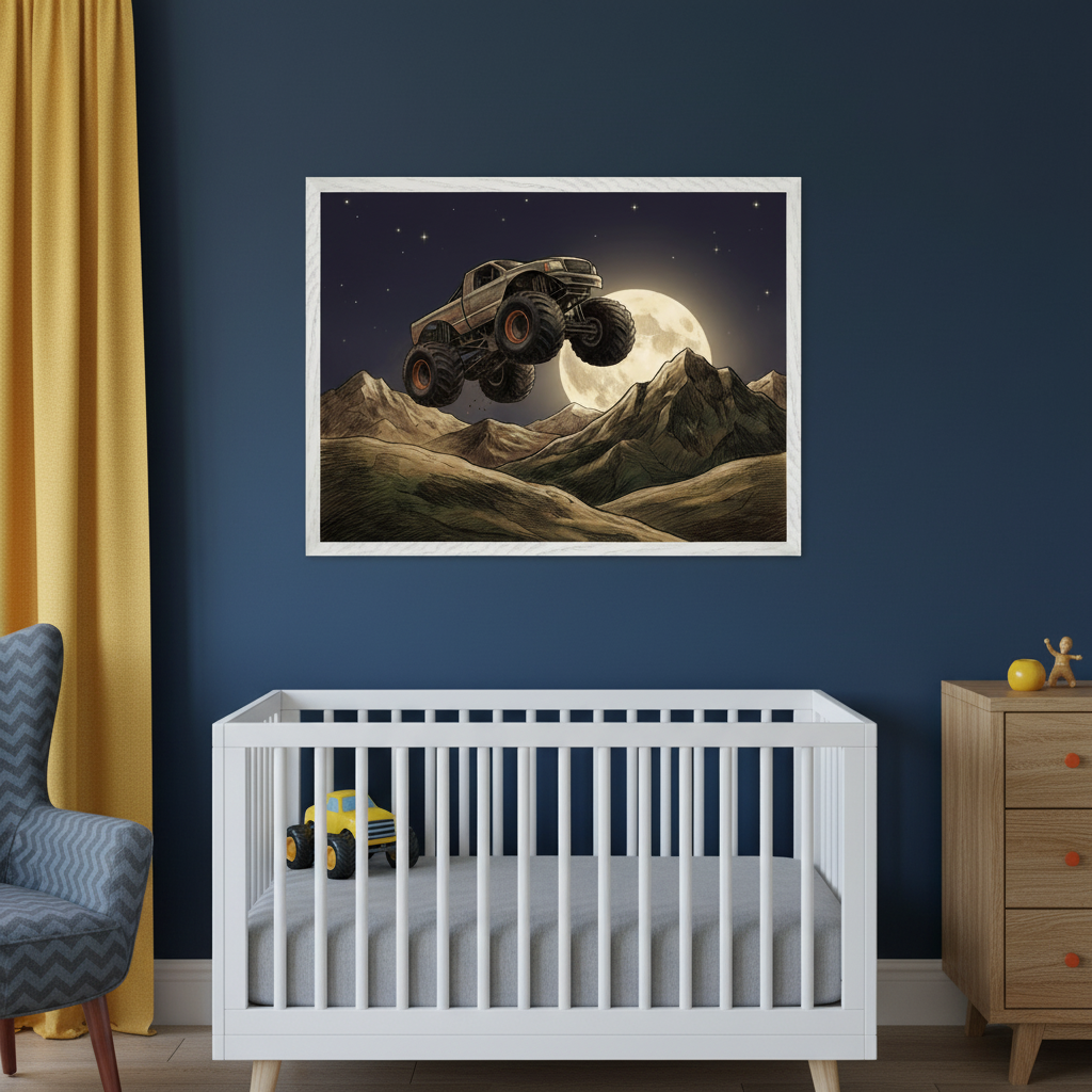 Modern nursery with a dark blue wall. A white crib, holding a yellow monster truck toy, is centered beneath a framed illustration of a monster truck jumping over mountains at night, with a full moon. A grey armchair is on the left, and a wooden dresser on the right.